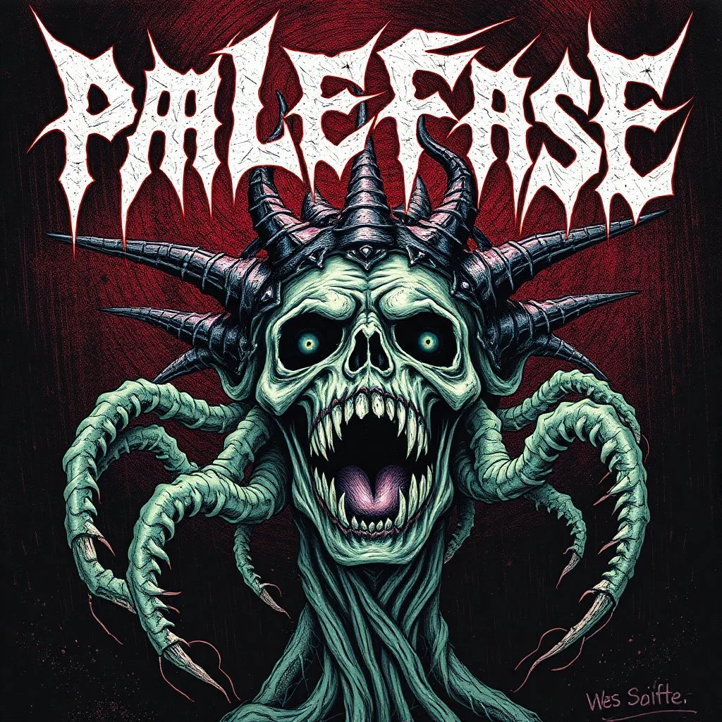 create an Deathcore album cover for band text "Paleface", album CURSED, color rough illustrated cover art by Wes Benscoter, , protozoan damned creature, minimalism