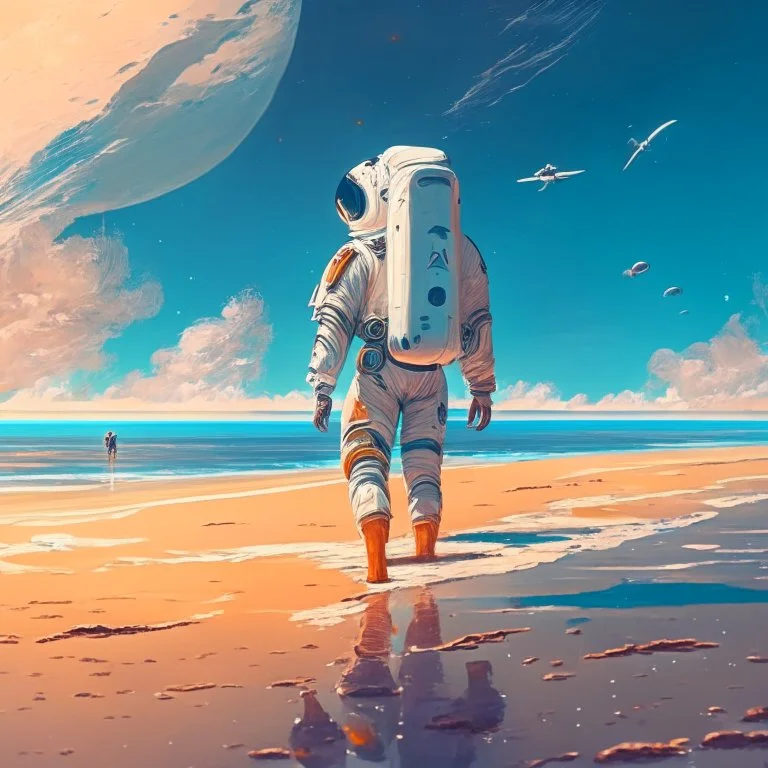 An astronaut walking on the beach of a beautiful sea, digital art, anime, 4k, full details