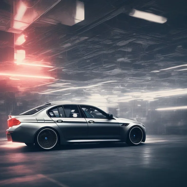 retrowave version 2021 Black BMW M5 during nighttime