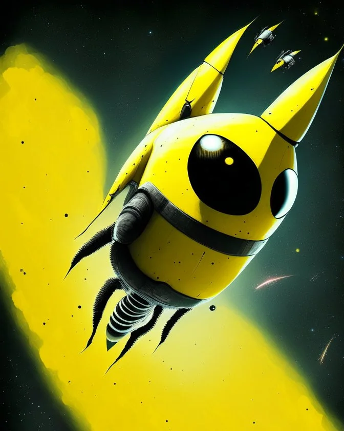 A strange creature flying in space on top of a speeding rocket. It has a head in the shape of a yellow and black circle with yellow edges as well
