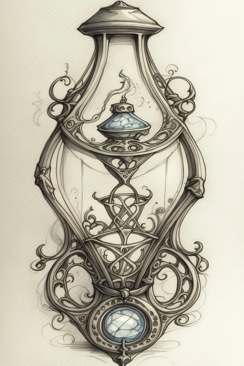A sketch of a magical locket filigreed with silver in the shape of an hourglass made of bone