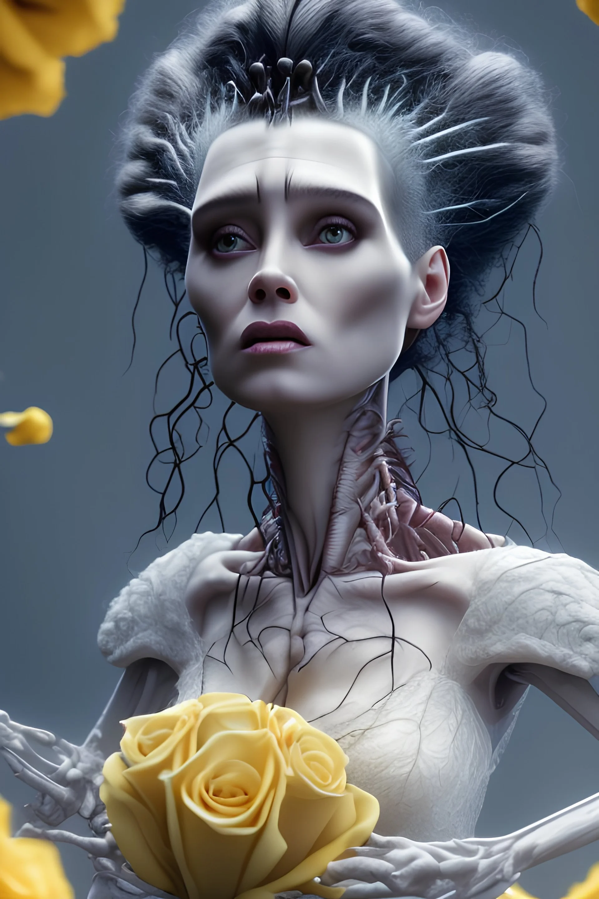 4K Ultra-HD, Hyper realistic, cinematic lighting -- the bride of Frankenstein , short, bowl-cut black hair, dead eyes, Yellow skirt, blue blouse with short poofy sleeves, extremely pail skin, wilted Rose pedals, gloomy, foggy, Castle, Full body image -- 4k, stunning, dramatic lighting, dramatic background, cinematic, atmospheric, very detailed, historic, powerful, octane rendering, exquisite detail, 30 - megapixel, 4k, 85 - mm - lens, sharp - focus, intricately detailed