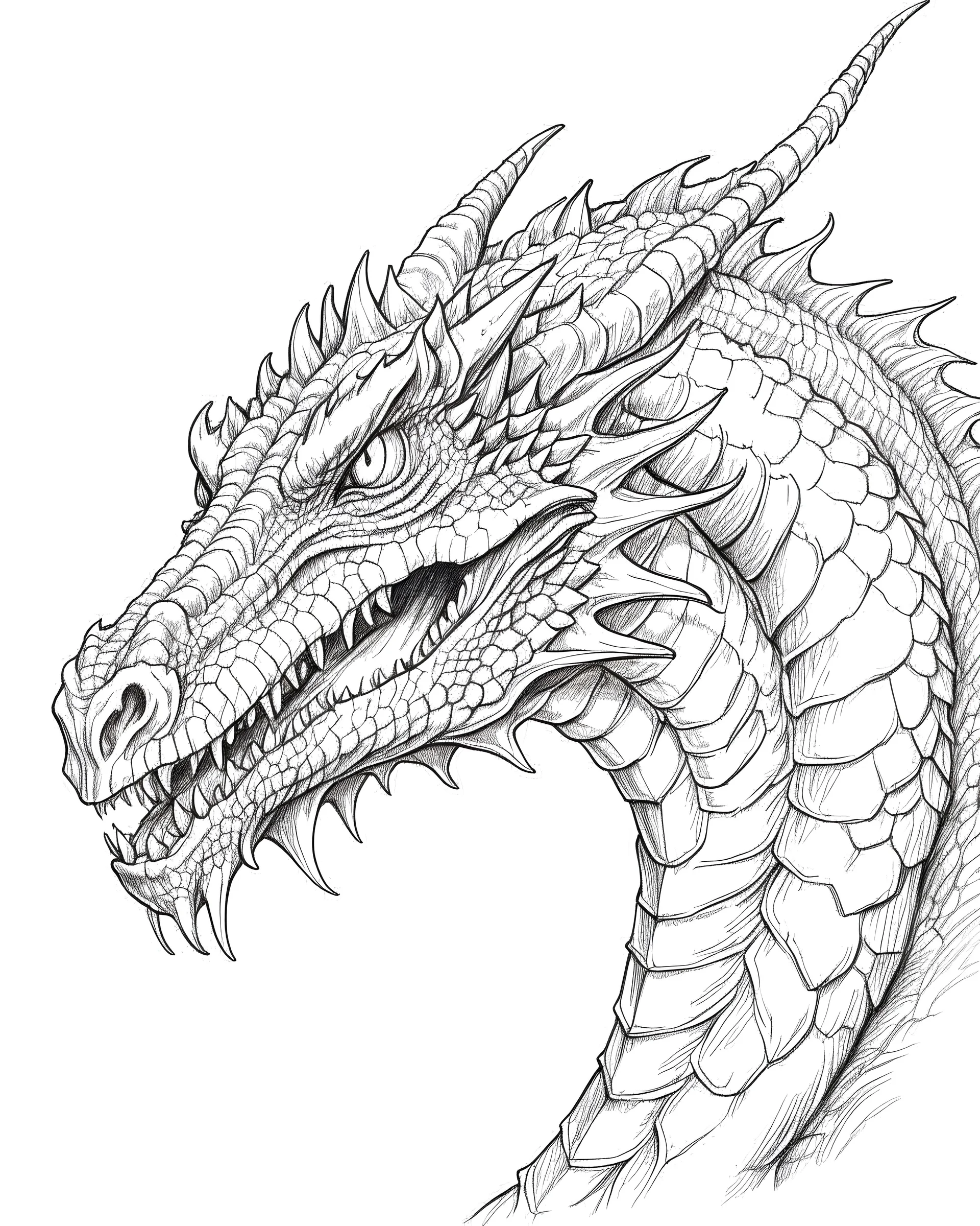 Lo sguardo pietrificante di drago., stile schizzo tatto realistico, sfondo bianco, schizzo tatto professionale