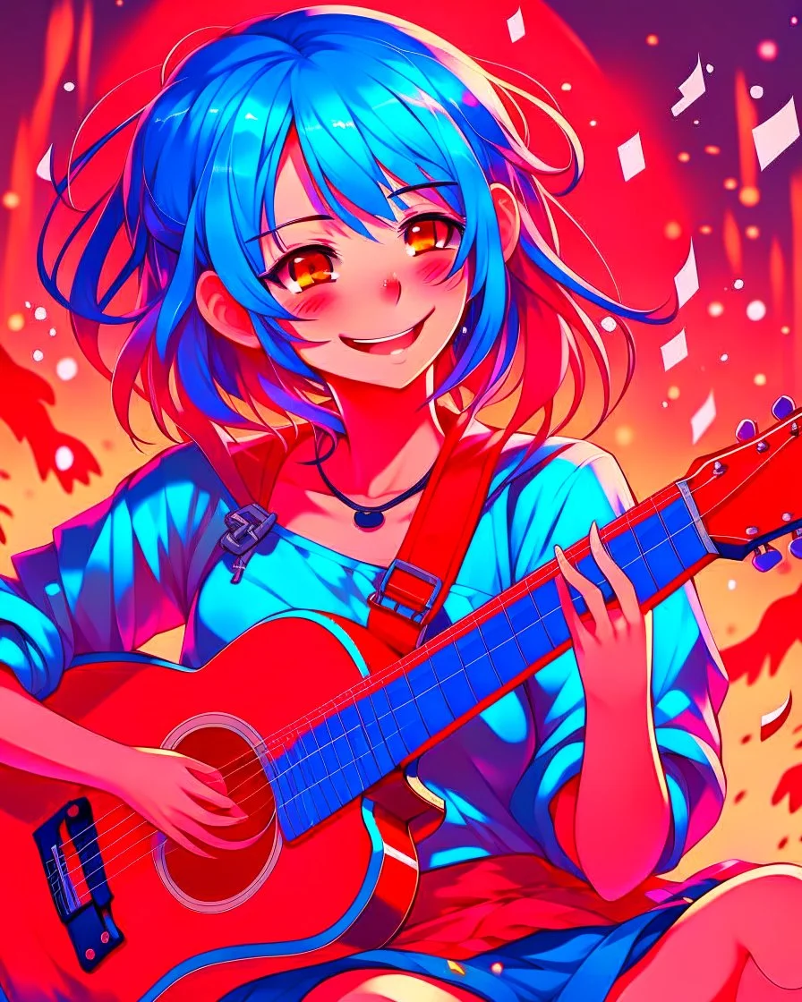 Art style Anime manga, Girl with blue hair playing a red magic guitar, several musical notes behind her, light red eye color, wears casual clothes but involves music, She smiles while playing with one of her eyes closed