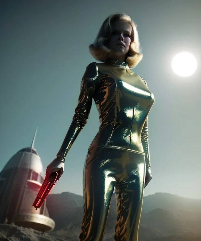 Ultra Realistic retro sci-fi image from 1960, spaceship, sweet young Jane Fonda, dress with tight latex suit, Retro sci-fi weapon, soft color, highly detailed, unreal engine 5, ray tracing, RTX, lumen lighting, ultra detail, volumetric lighting, 3d, finely drawn, high definition, high resolution.