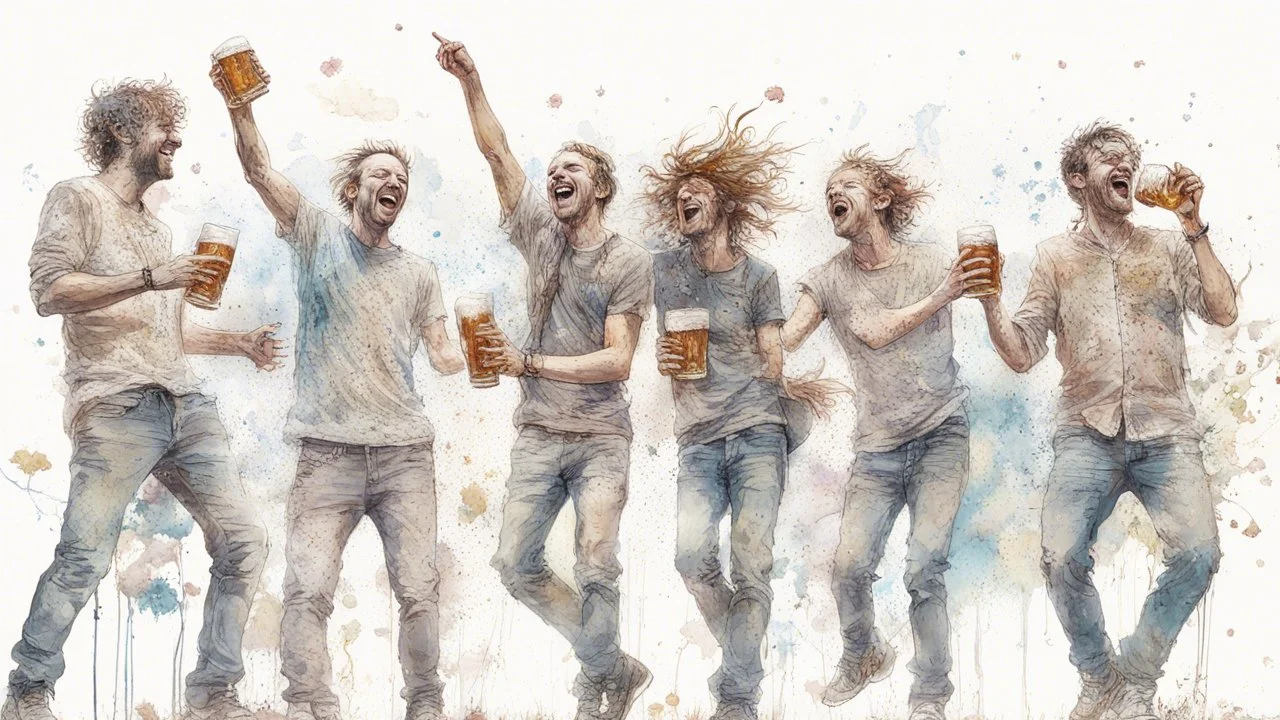 Band_playing_music+Flowers+crowds_of_laughing_happy_people_dancing&holding_beer_mugs double exposure liquid gouache illustration with ink splash art, CG Society and Carne Griffiths and James Christensen and Dan Mumford, Lou Xaz, active double exposure joyful