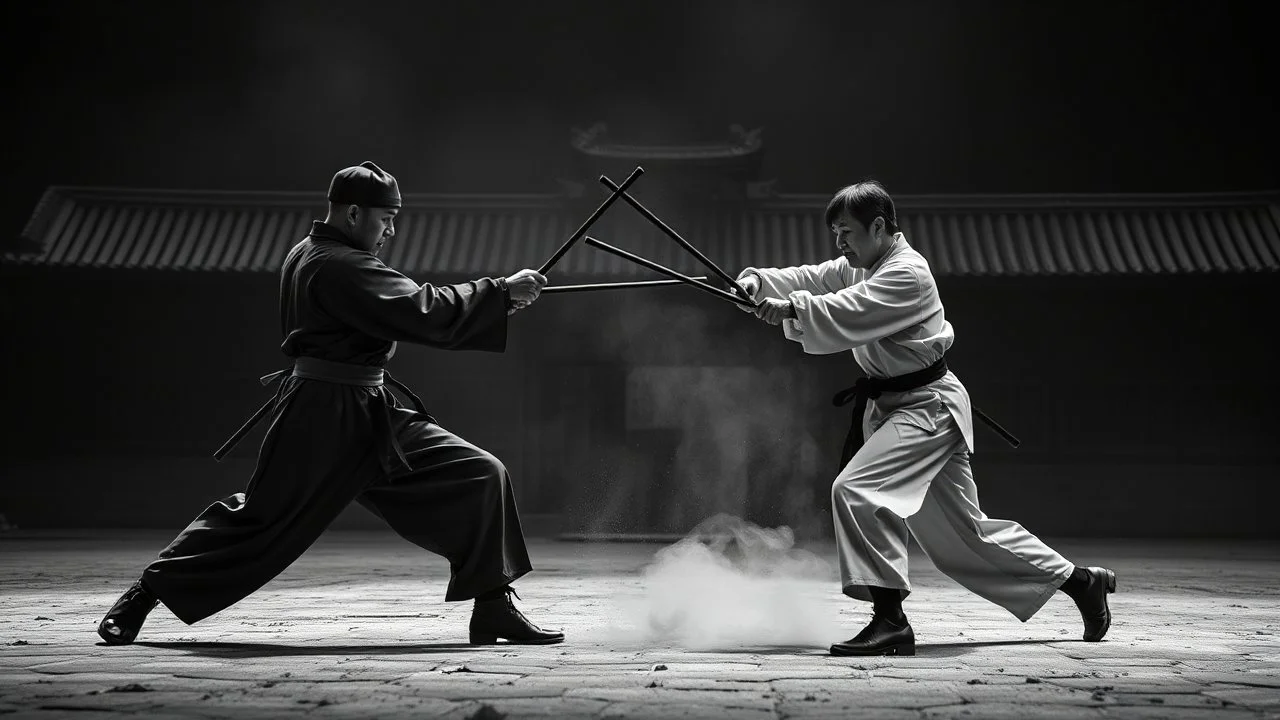 A black and white scene in which two wushu stickmen are fighting.