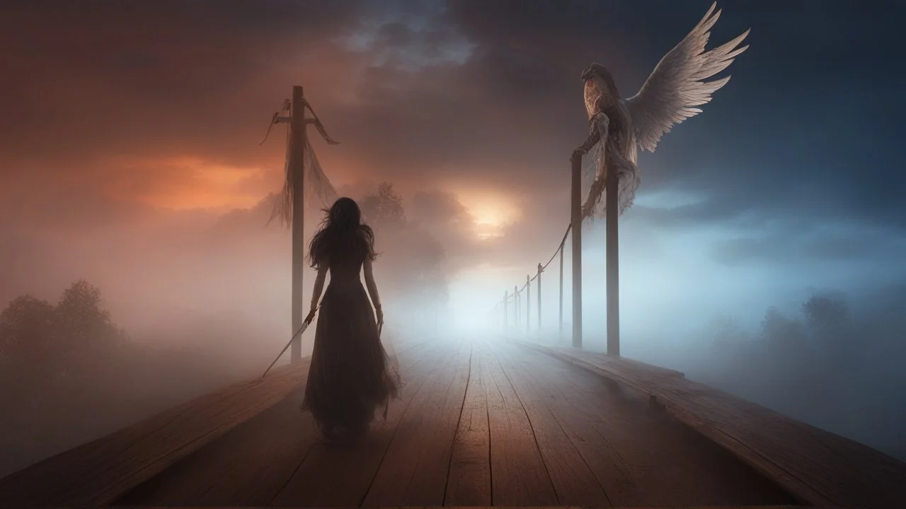 walking straight ahead over a wooden bridge, holding the angel of death with your right hand, entering the fog at the end of the road that leads to the afterlife, and a beautiful sunset and galaxy's behind the fog, realistic