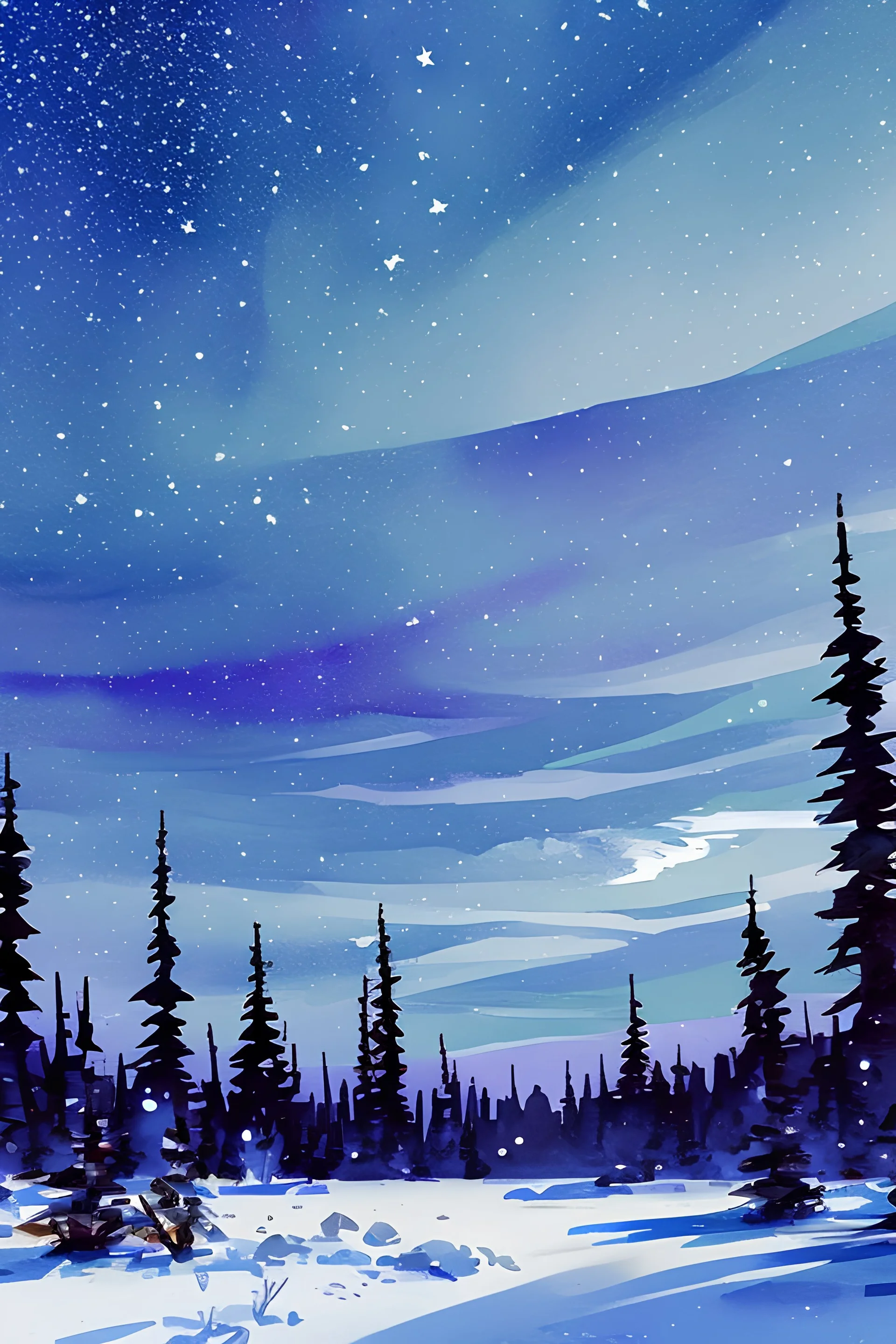 dark blue winter sky with bright stars and full moon, spruce forest with lots of snow, water coloured,