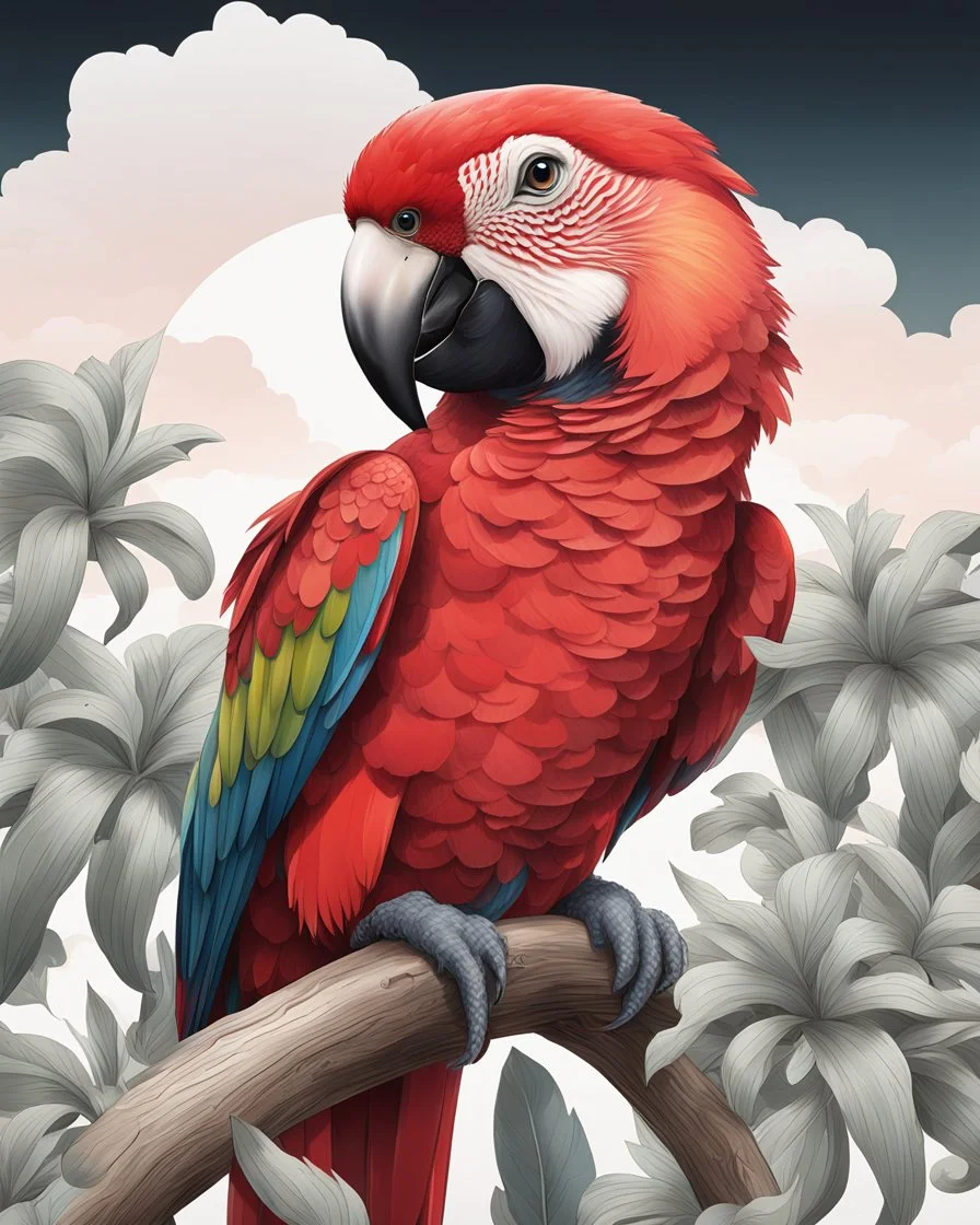 Draw an lineal illustration of a red parrot, ultra quality, detailed, 8k, full body, clear sky with clouds