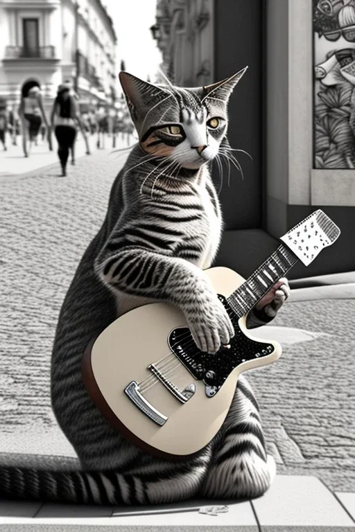 One single mature street cat, friendly, playing guitar, vienna, sunny day, perfect iris, model style, hyper realistic, extremely accurate, delicate, extremely detailed, Graphic novel style, colours, wide-angle, open aperture, superfine pencil