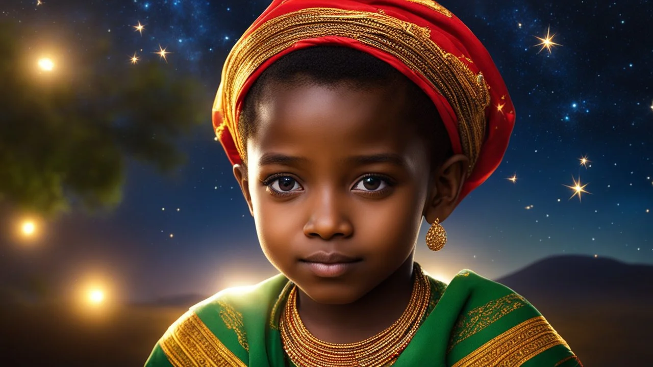 little very young Ethiopian boy, handsome, peaceful, gentle, confident, calm, wise, happy, facing camera, head and shoulders, traditional Ethiopian costume, perfect eyes, exquisite composition, night scene, fireflies, stars, Ethiopian landscape , beautiful intricate insanely detailed octane render, 8k artistic photography, photorealistic concept art, soft natural volumetric cinematic perfect light, chiaroscuro, award-winning photograph, masterpiece, Raphael, Caravaggio, Bouguereau, Alma-Tadema