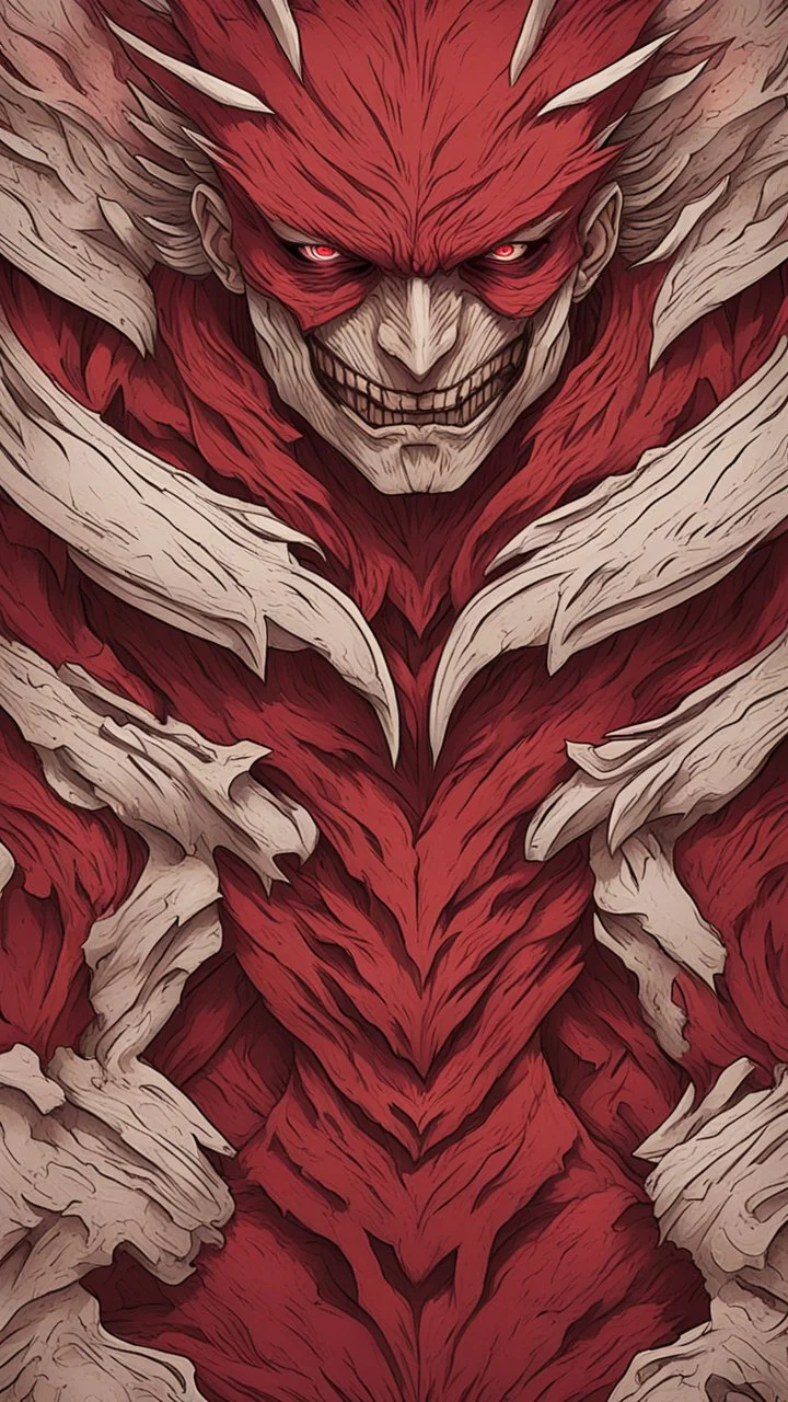 Create a captivating pattern inspired by the anime first Titan in Attack on Titan. The design should embody the essence of the inaugural Titan, capturing its colossal power and fearsome presence. Consider the intricate details of its transformation, incorporating the emotional undertones and brutal strength that define the Titan. Whether through stark lines or flowing curves red colors