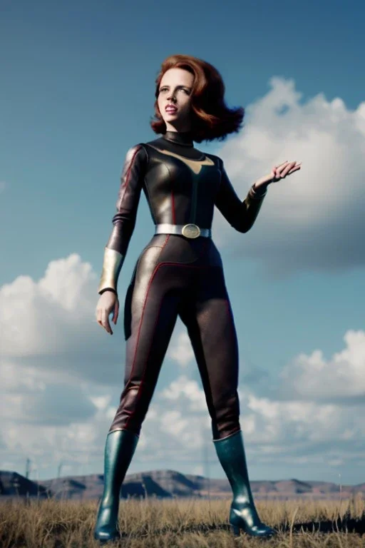 retro portrait image from 1960, sky background, wind, long red hair, fighting stance, sweet young Scarlett Johansson, black dress, classic long tight lycra black suit, gold bracelet and belt, high heel boots, superhero style, soft color, highly detailed, unreal engine 5, ray tracing, RTX, lumen lighting, ultra detail, volumetric lighting, 3d, finely drawn, high definition, high resolution.