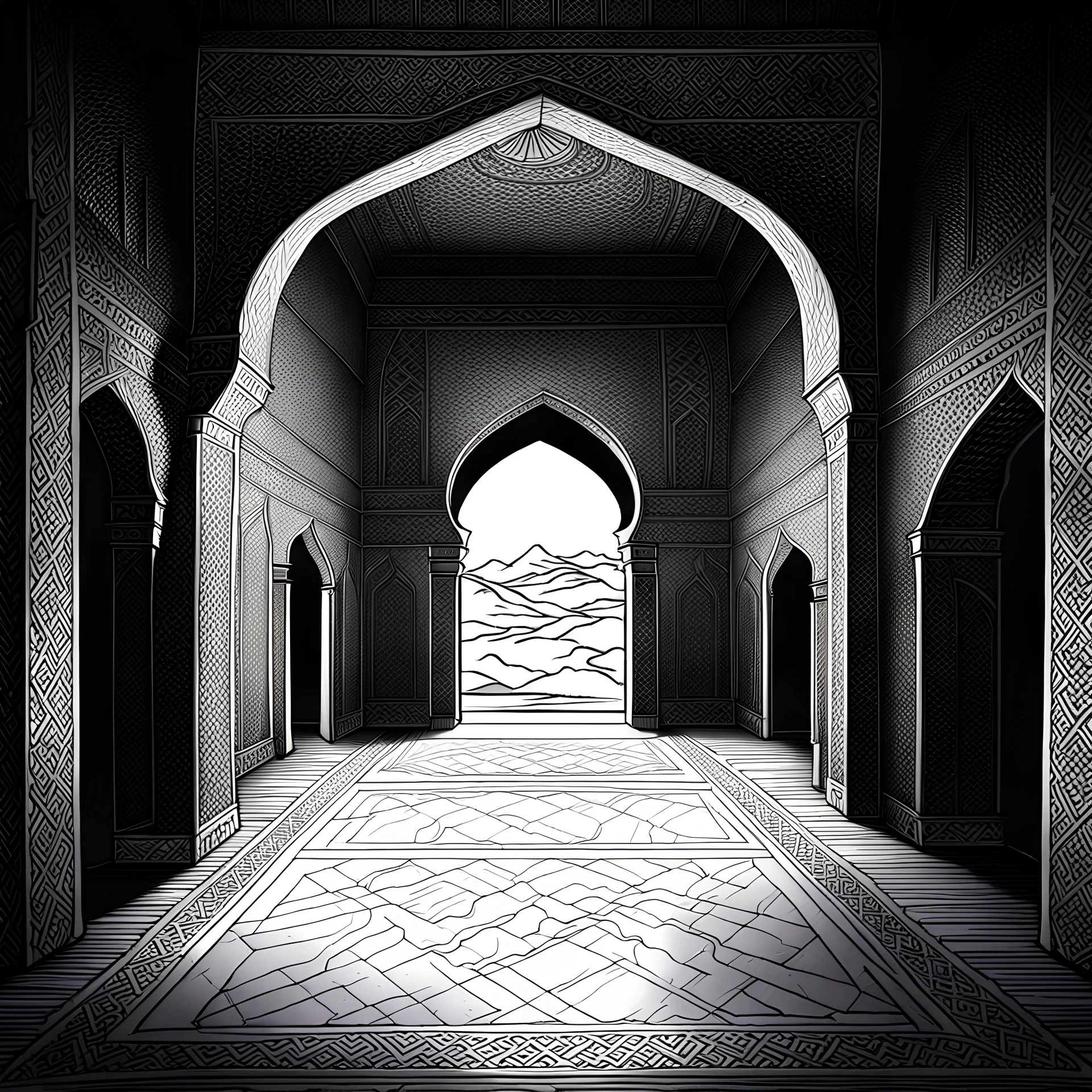 line draw dark room inside Omani castle with out exit and windows , Mystical Wise