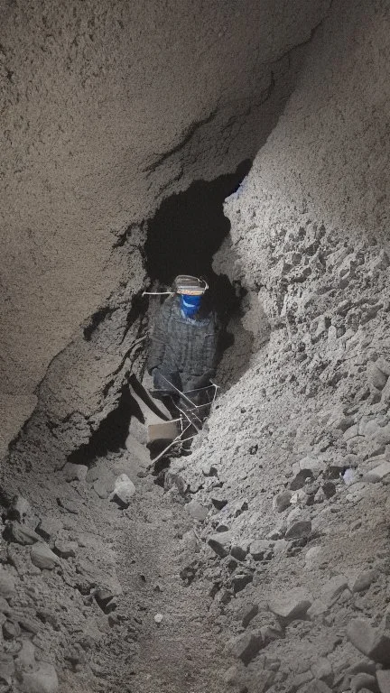 character in semi-darkness, on the scree cone of an underground room dimly lit by daylight coming from a well located forty meters above.