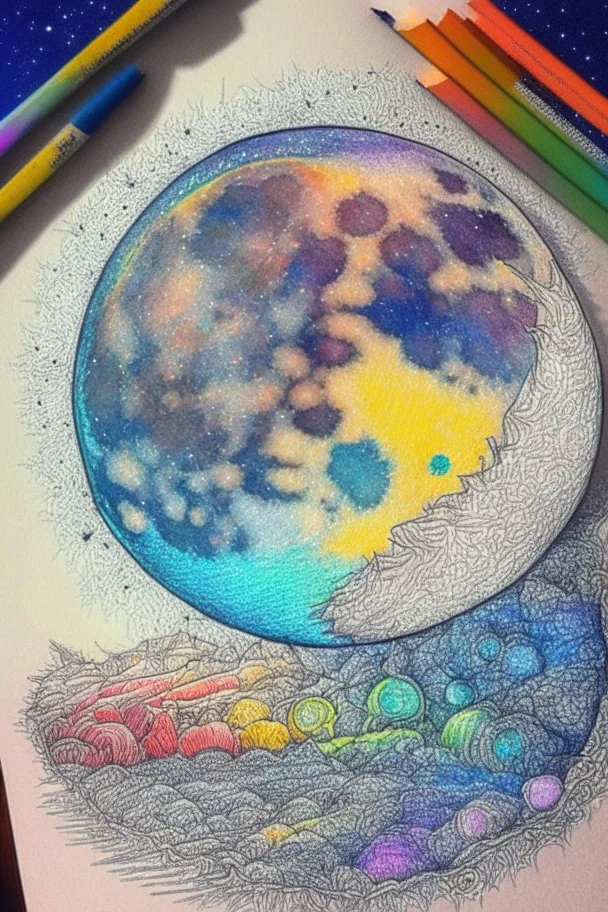 Large moon, doodle, drawing, color, detailed