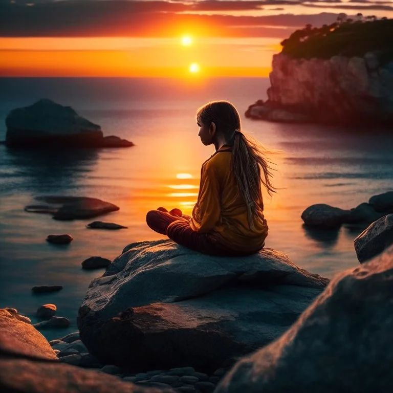 A girl is sitting on the edge of the rocks by the seashore and is meditating. The sun is setting