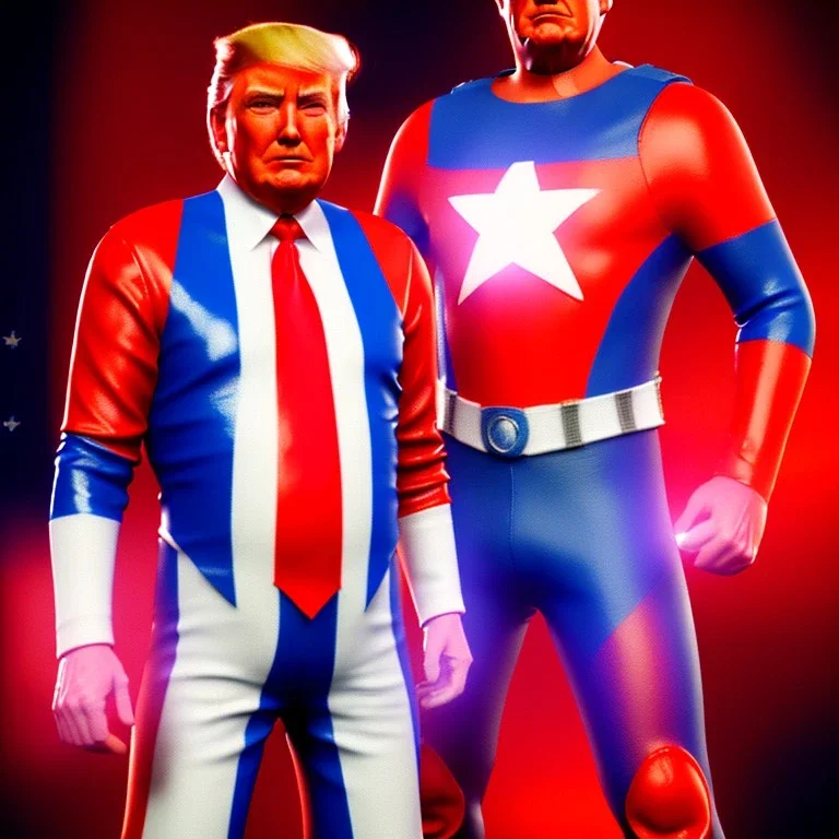 Realistic image of Donald trump super hero, retro style, watchmen style, red white blue colors, white stars, suspenders, latex material, 80s, vibrant color, highly detailed, sky background, concept art, unreal engine 5, god rays, ray tracing, RTX, lumen lighting, ultra detail, volumetric lighting, 3d, finely drawn, high definition, high resolution.