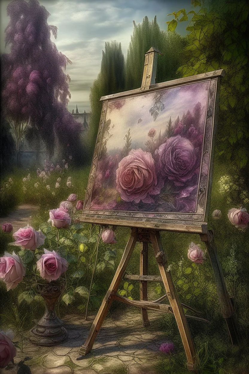 in the rose garden, an artist's workshop, an easel, a canvas with a rose pattern, bushes of vintage garden roses with buds , complex burgundy, purple roses, a work of art, hyperdetalization, professionally, filigree, misty haze, surrealism, transparent, delicate pastel tones, contour lighting, grunge style, volumetric watercolor, aesthetically beautiful, realistic, high resolution, high detail, ISO 100 photosensitivity and f/2.8. 1/250 aperture with a 30, 32KB lens