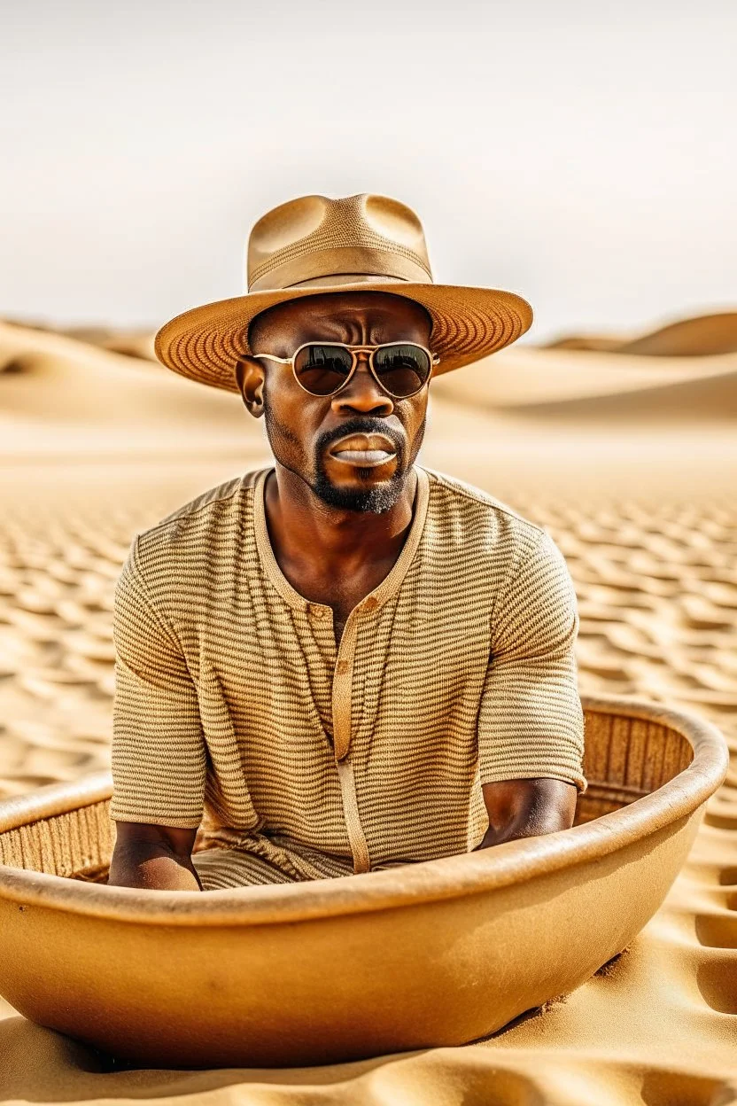 African man wearing hat and sunglasses, rowing small boat in desert sand