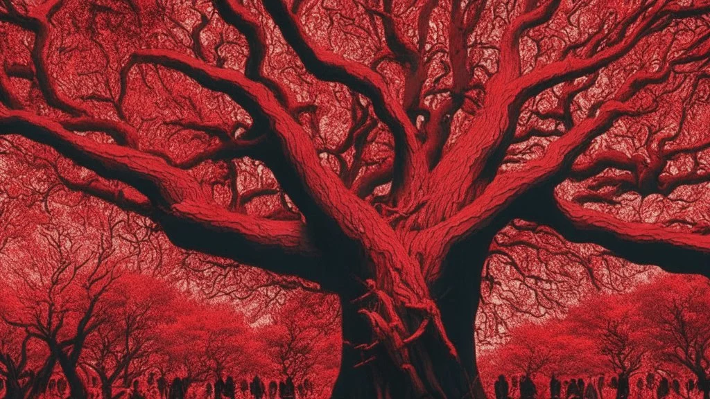 red tree, highly detailed, beautiful desktop wallpaper, comic style, many human faces on tree