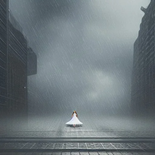 A princess standing. Epic scale. Heavy cold rain. Thunderstorm. An engineer looking up. Futuristic scenary. Gray mist.