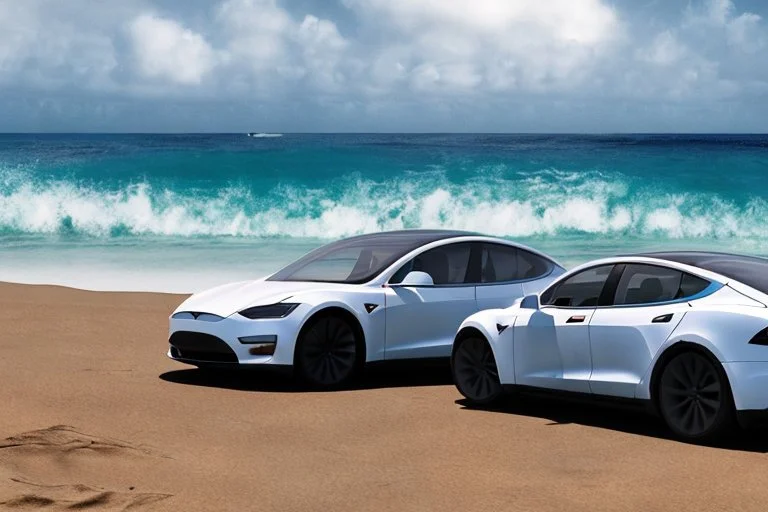 A Tesla 'Model S' is racing at top speed, at the beach of Waikiki in Hawaii. CINEMATIC. WIDE ANGLE LENS. PHOTO REAL.