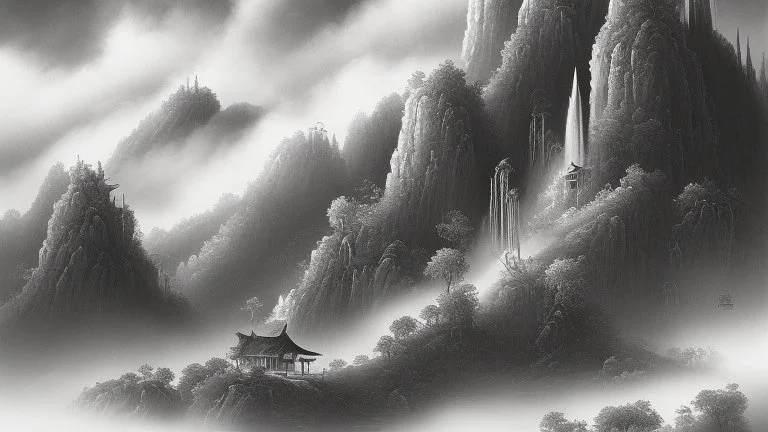 Tranquility landscape of hill on misty black ink watercolor chinese paint art