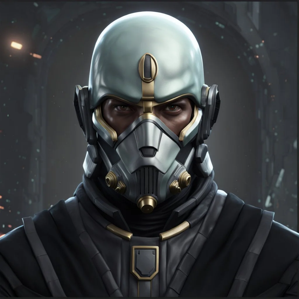 star wars bald male corellian pilot wearing pearlescent black and gunmetal grey First Order special forces heavy assault stealth commando armor and helmet with gold trim inside the jedi temple, hyperdetailed, dynamic lighting, hyperdetailed background, 8k resolution, volumetric lighting, light skin, fully symmetric details