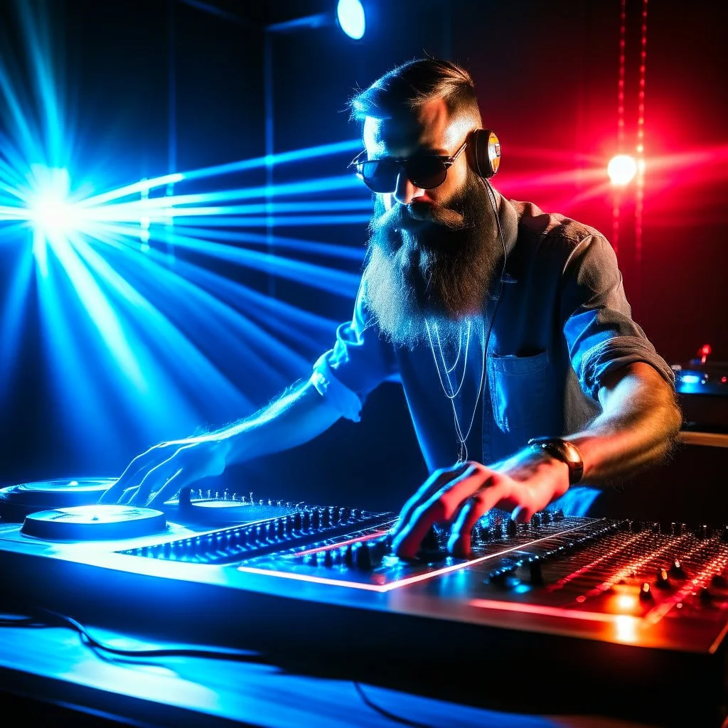 Dance hall ,dj play ,laser lights, beard DJ play music with DJ desk