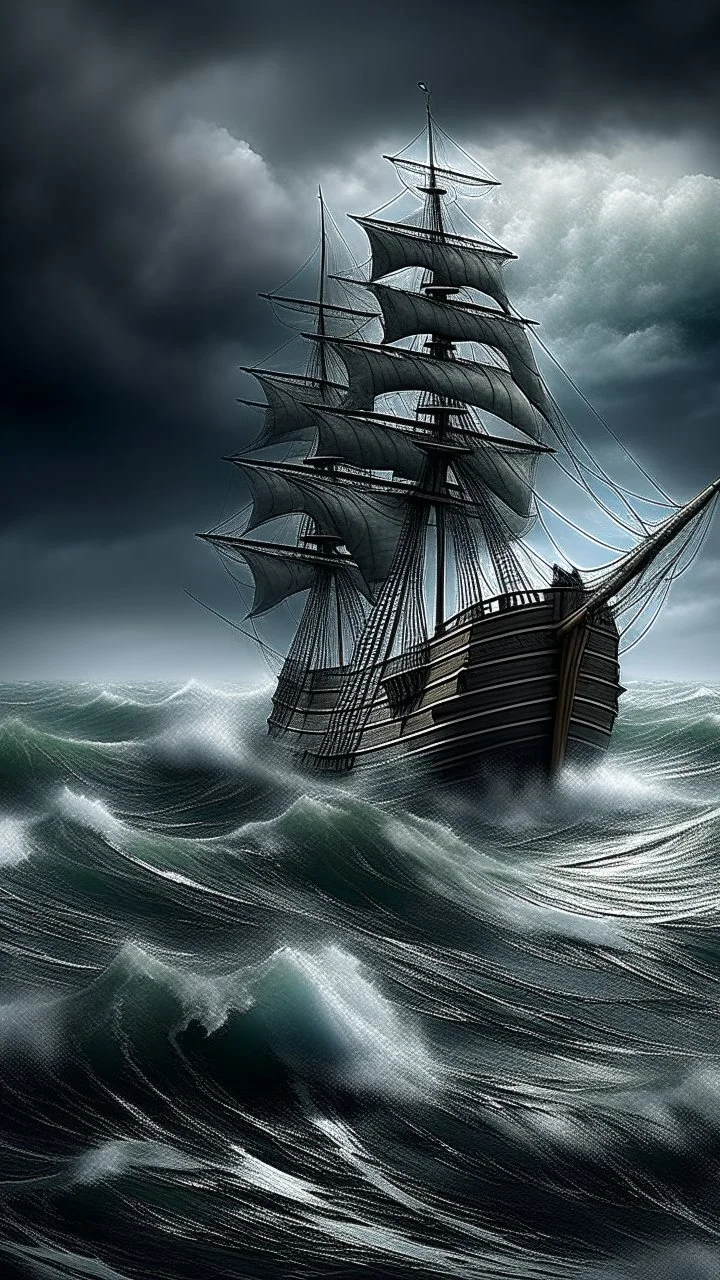 Mourning in dephts of ocean with a sailing ship in a storm
