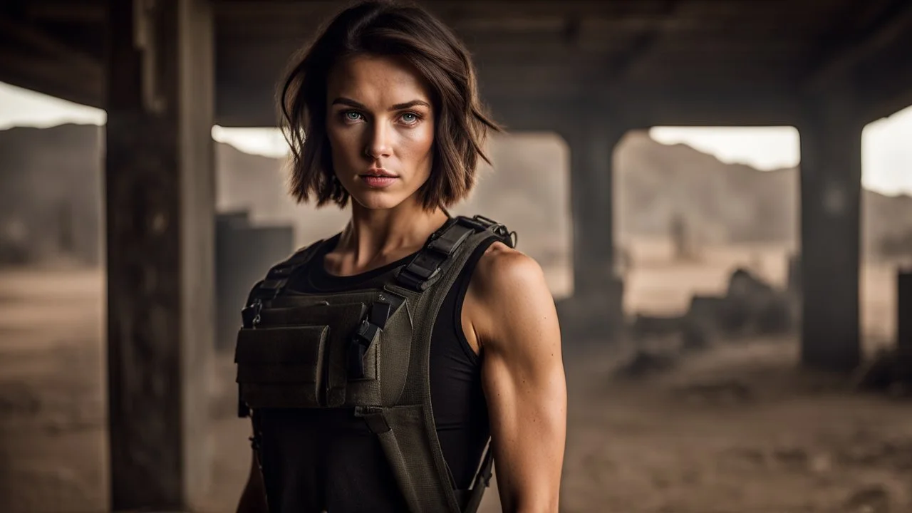 beautiful slender caucasian female technician, black tank top, well toned muscles, weathered face, scratched sand camo metal details, short brunette wavy bob haircut, dystopian, desert scene with smoke and explosions, bloody wounds