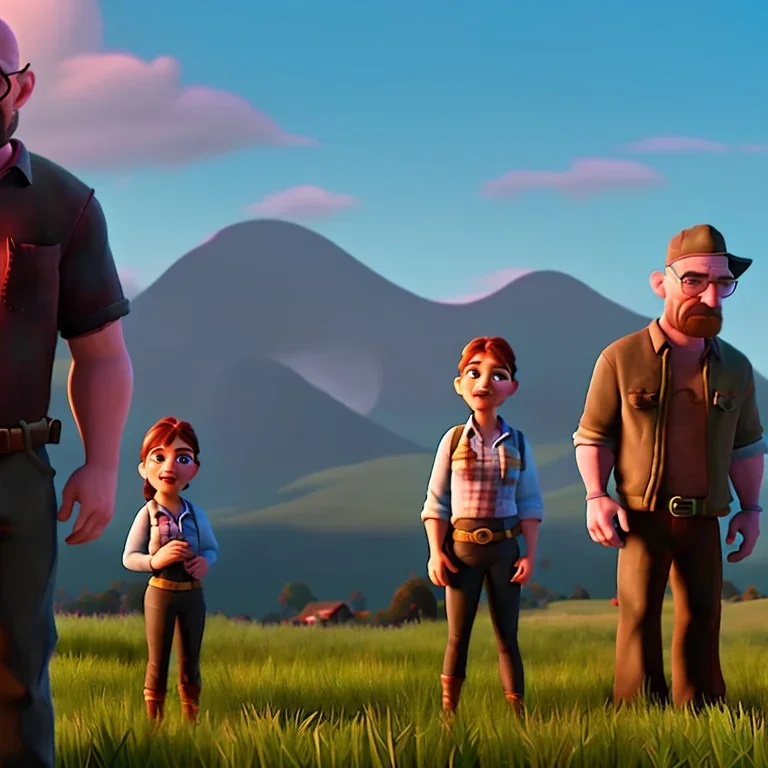 Walter White and his family, 8k, realistic face, with a fedora, sunset background, zombies.