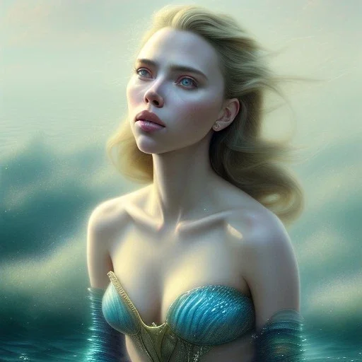 A beautiful portrait of a fusion of Scarlett Johansson and Elle fanning as a mermaid , leaning on a ships deck ,Rough sea in the background, (digitall art by Eugene de Blaas and Ross Tran, vibrant color scheme, highly detailed, in the style of romanticism, cinematic, artstation best quality, realistic lighting, masterpiece portrait, details light dusting , cowboy shot from above, simple chain hauberk Vector art digital illustration 3D shading )