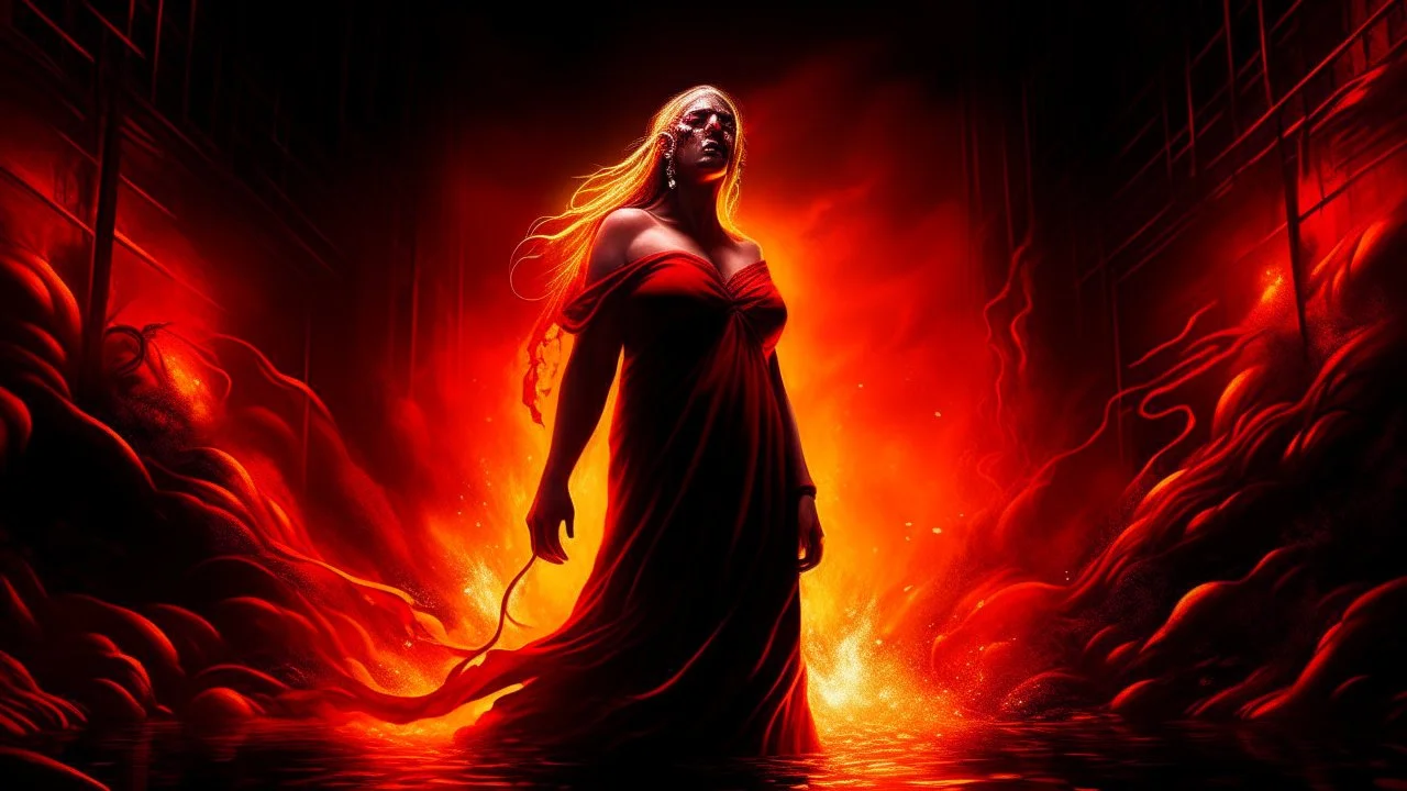 A beautiful woman stands in the center of a dreamlike, surreal landscape. She wears a flowing, revealing red dress that clings like liquid fire to her form, catching the light as though woven from silk and flame. Half of her body is bathed in a warm, golden glow, while the other half is cloaked in deep, living shadows that move and curl around her like sentient smoke. Her expression is unreadable—serene, yet tinged with danger—as if she exists between temptation and mystery. Behind her, the sky