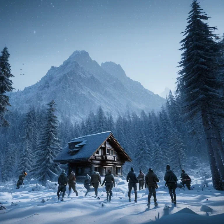 Five people hunting in a snowy forest, sense of fear, mountain hut in the background, Alps, night, 8k, HD, cinematography, photorealistic, Cinematic, Color Grading, Ultra-Wide Angle, Depth of Field, hyper-detailed, beautifully color-coded, insane details, intricate details, beautifully color graded, Cinematic, Color Grading, Editorial Photography, Depth of Field, DOF, Tilt Blur, White Balance, 32k, Super-Resolution, Megapixel, ProPhoto RGB, VR, Halfrear Lighting, Backlight, Natural Lighting