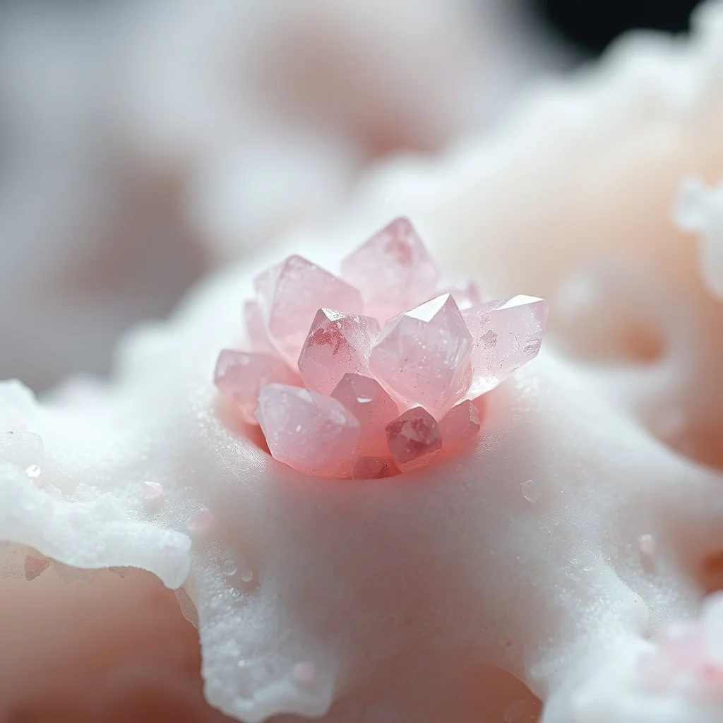 Macro photography of rose quartz crystal clusters emerging from soft biological gel-like tissue, extreme close-up, fine micro texture detail, soft directional light, dark neutral background, ultra photorealistic, 8k