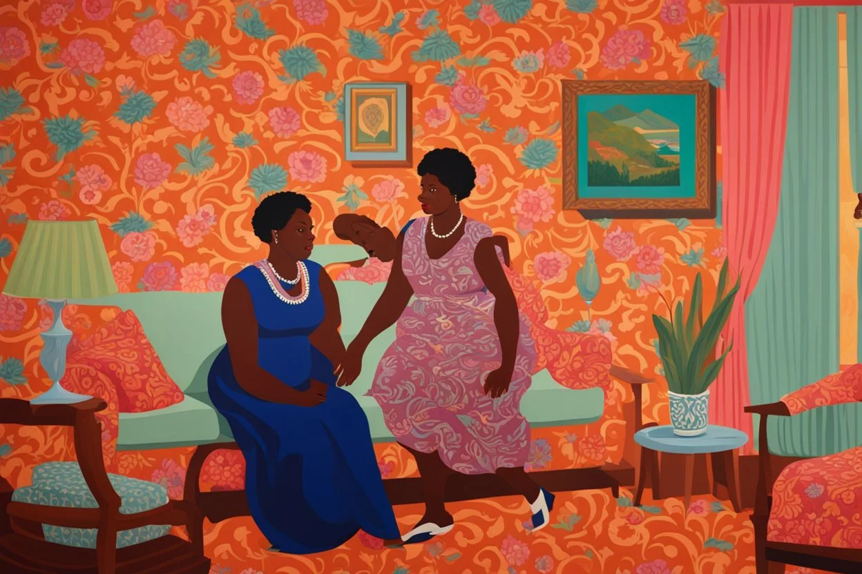 A painting of two women in a living room with vivid wallpaper by artist "Lois Mailou Jones"