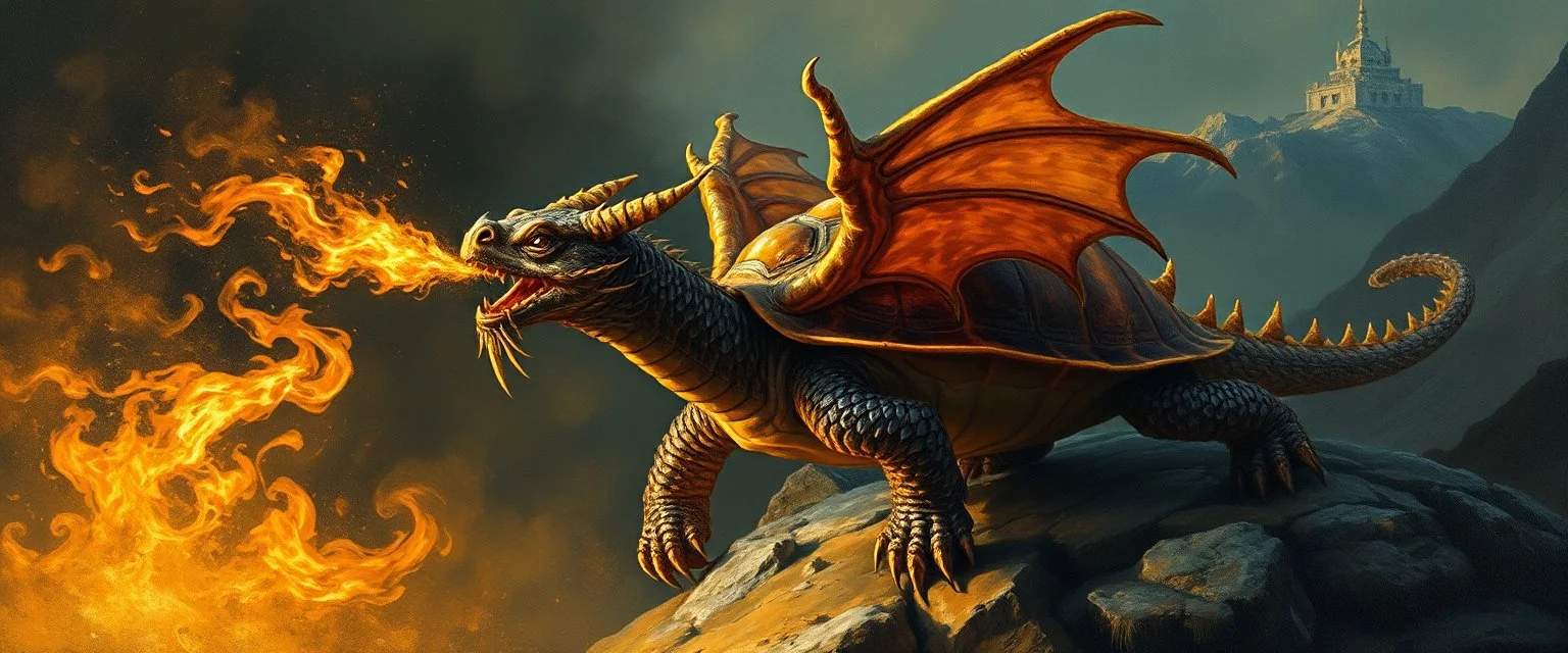 master oil painting by Rembrandt, good afternoon turtle dragon with fire breath, in mountain pass