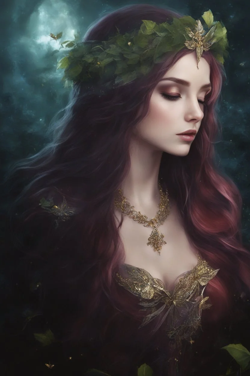 Burgundy hair, dark hair,dark red , rapunzel hair,very long hair,dark fairy princess,elven crown,night,dragonflies,beautiful,ong ashes,golden armor ,sparkle,night blooming,ivy,dark green,lilly of valley,golden elven crown