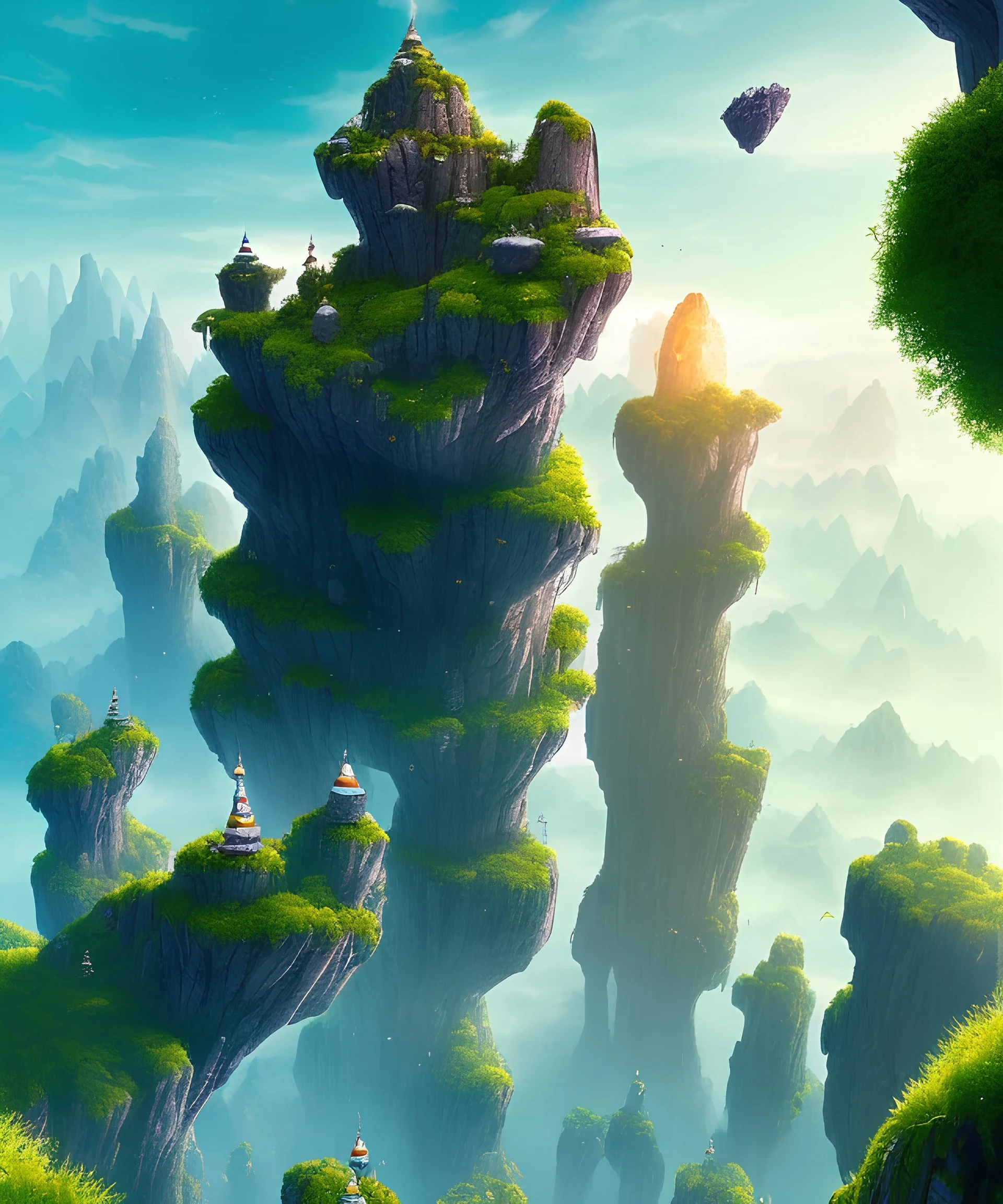 giant rocks stacked on top of eachother with tiny people looking up at them, Fantasy world landscape