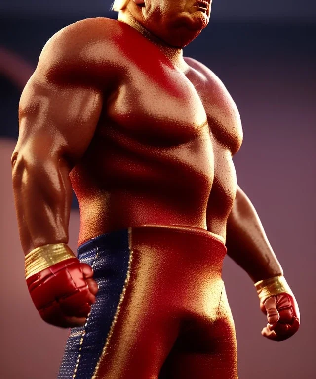 Donald trump wrestling fighter, naked torso, red breeches, retro style, 80s, hot ambient, photo studio, red, gold, vibrant color, gradient, highly detailed, art stations, concept art, smooth, unreal engine 5, god rays, ray tracing, RTX, lumen lighting, ultra detail, volumetric lighting, 3d, finely drawn, high definition, high resolution.