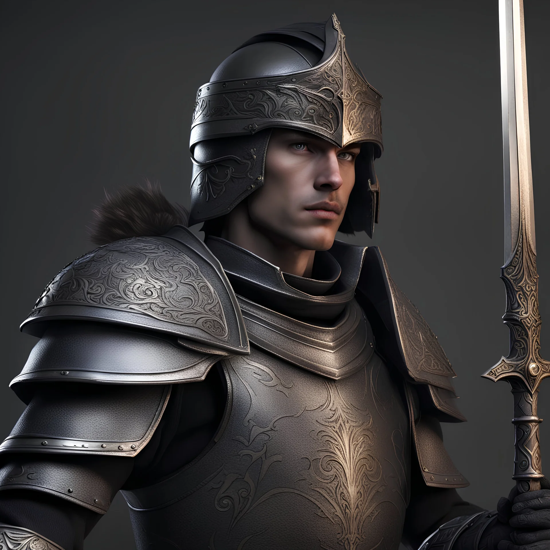 Young fantasy soldier male with dark hair wearing plated armor and a great sword