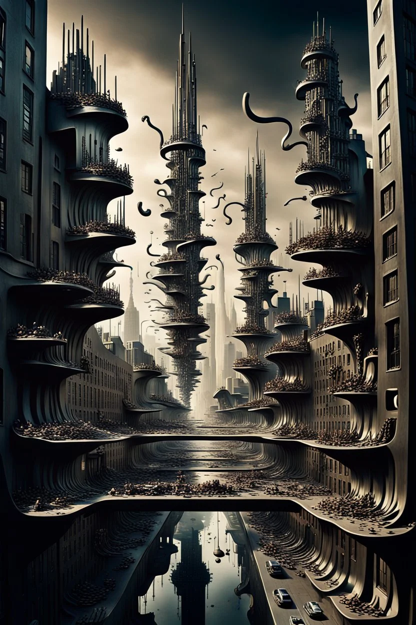 a stunningly weird image of a futuristic metropolis using Salvador Dali's paranoiac-critical method, where buildings and structures appear to melt into the skyline cityscape is filled with floating mad, twisted sharp metal shapes that interact with the buildings and each other, forming a surreal tableau of a dreamlike reality. neu-steampunk vibe, essence of the scene in a cinematic manner, with dramatic shadows that enhance the distorted perspectives and bizarre