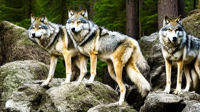 wolves on a large rock in the forest