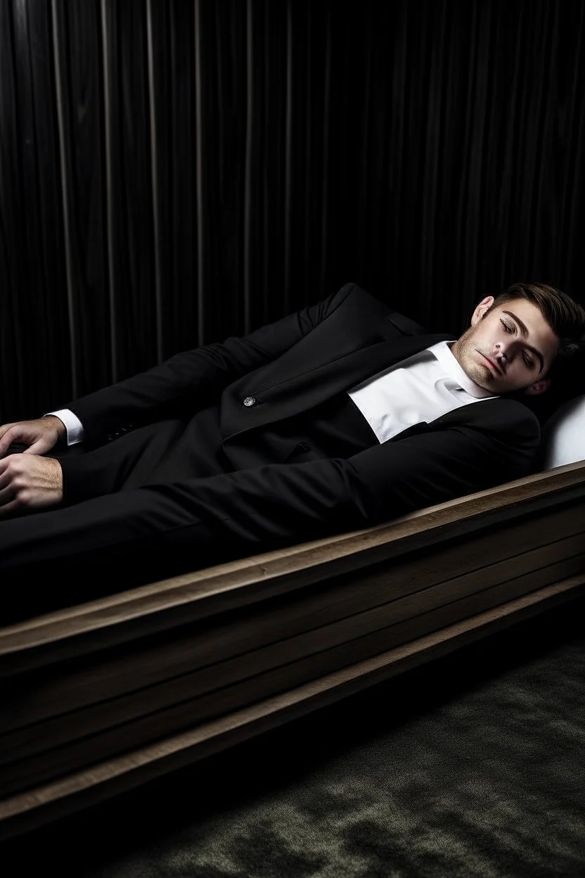 a man in black suit, white shirt, black pants, black shoe sleeping in a coffin