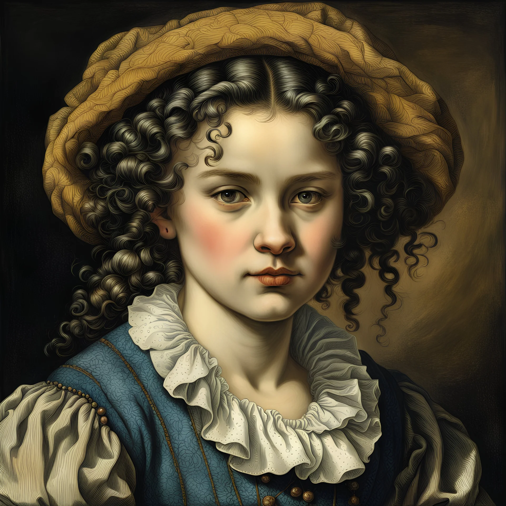 colored etching of a raggedly dressed, malevolent, predatory French ,country peasant girl , with highly detailed beaded hair and facial features ,in the style of Rembrandt, Gian Lorenzo Bernini, Johannes Vermeer, and Ann Chernow, with a fine art aesthetic, highly detailed , realistic , 4k UHD cinegraphic quality