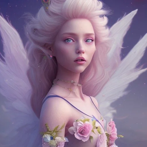 a pink castle, a cheerful fairy in front, big smile, pink, blonde hair, beautiful, whole face, whole top hair head, wide open blue eyes, transparent wings onn the back, hyperrealism, masterpiece, expert, cinematic lighting, sharp focus, 8K, pastel, macro lens, woman, detailed, flower