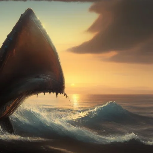 franz frazetta style, dead whale on the sea, sunrise, open seas